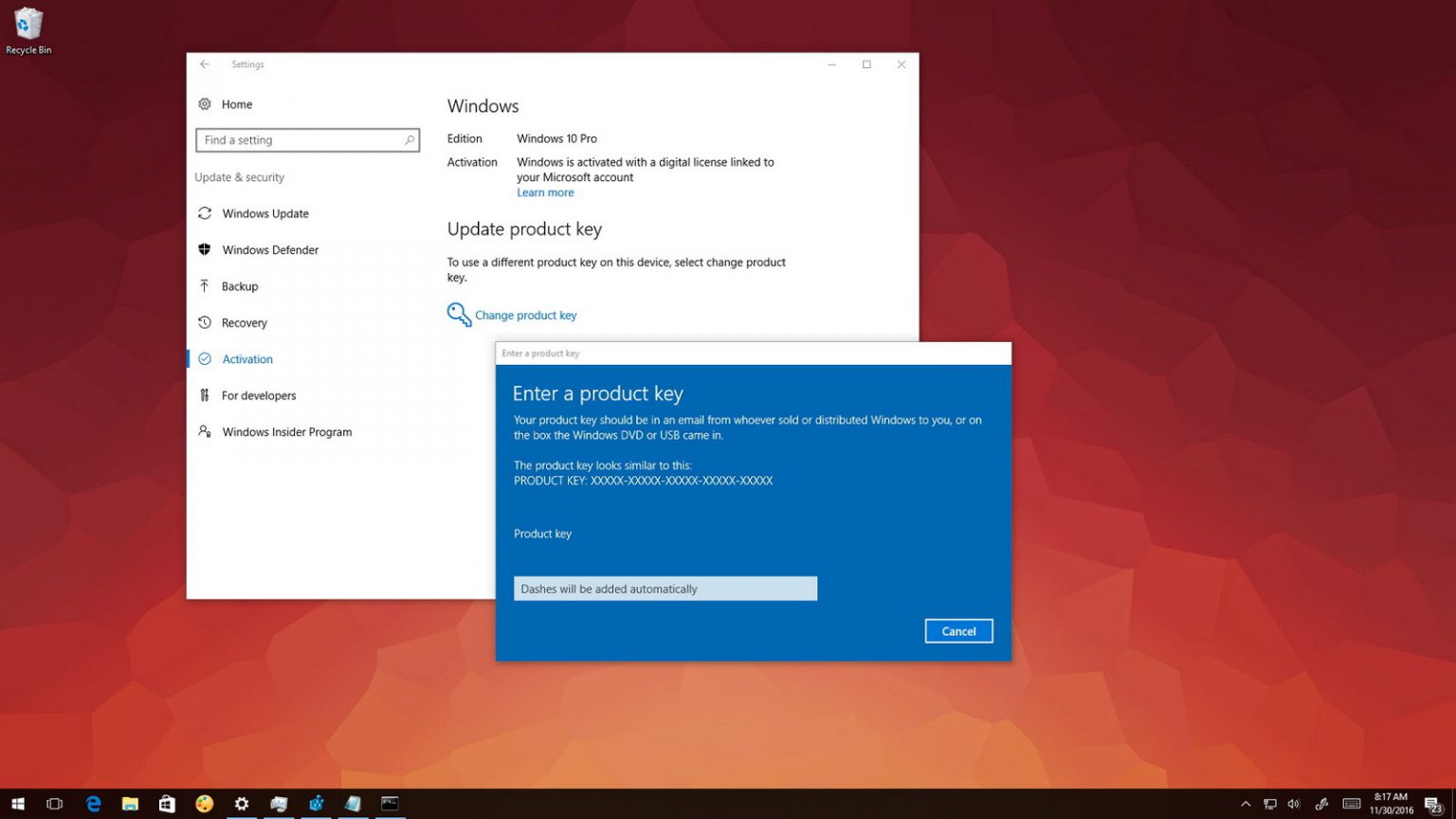 enter the product key to activate windows 10 pro