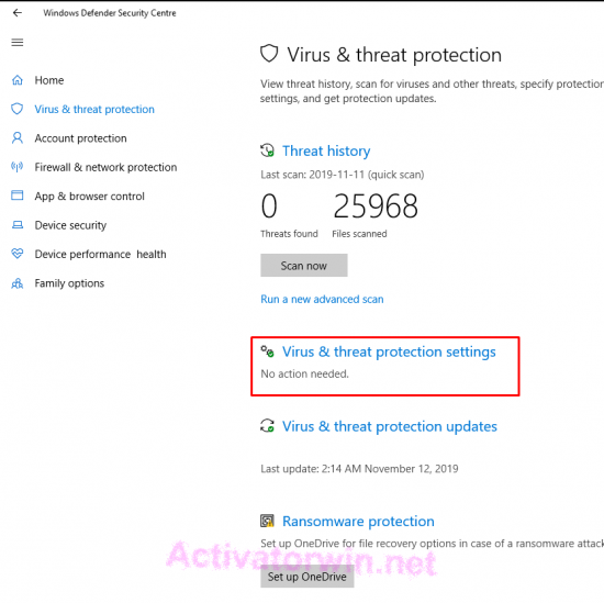 Open Virus and Threat protection settings